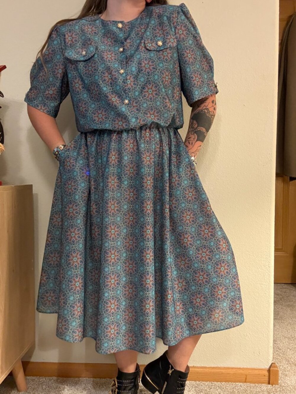 Vintage 70s California Looks Printed Secretary Dress Elastic Waist Large